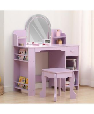 Kids Vanity with Lighted Mirror & Stool, Little Girls Vanity with Adjustable LED Light