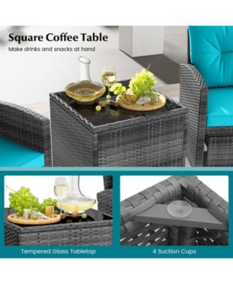 5 Piece Patio Rattan Furniture w/ 2 Ottomans & Tempered Glass Coffee Table Outdoor