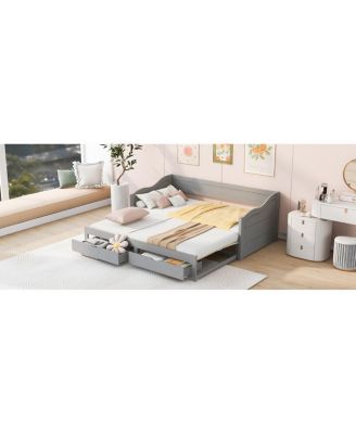 Wooden Daybed with Trundle & Storage Drawers, Extendable Sofa Bed