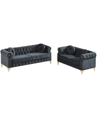 Velvet Copper Studs & Tufted Buttons, Metal Legs Chesterfield Sofa
