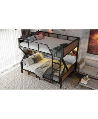 Queen over Queen Bunk Bed with Storage Shelves and Lights