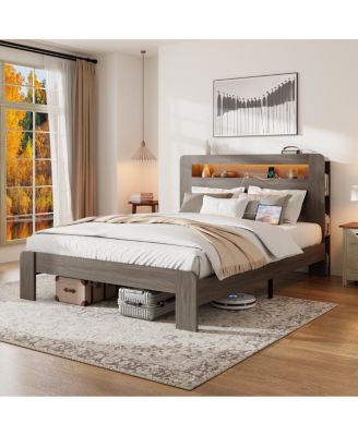 Queen Wood Platform Bed Frame with Storage, LED Headboard & USB