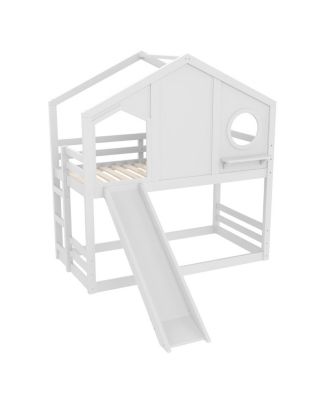 Twin House Bunk Bed with Slide & Storage Shelves, Solid Wood Loft Bed
