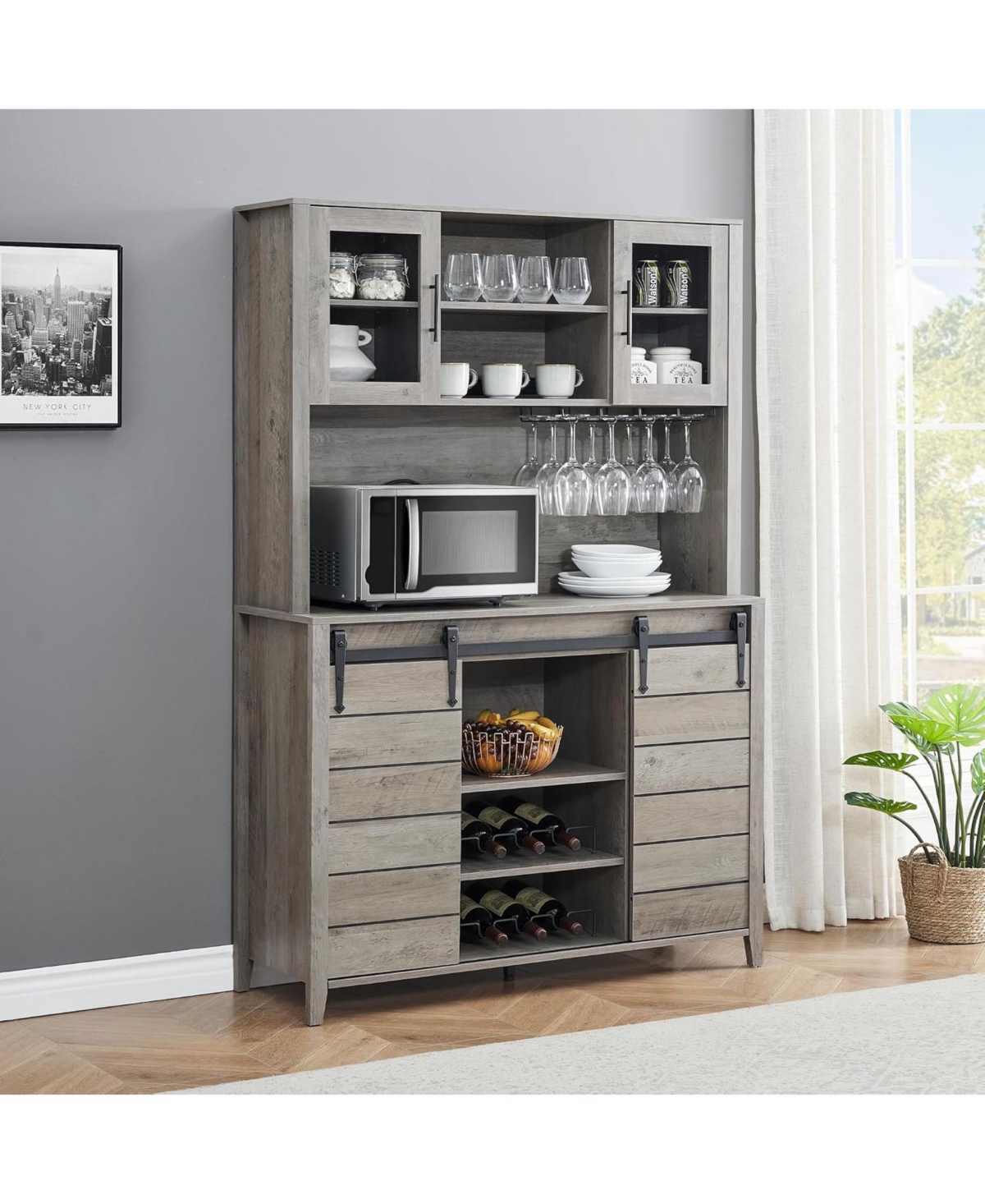 gaomon 70" Tall Farmhouse Coffee Bar Cabinet Kitchen Hutch Storage with Sliding Barn Door Tall Sideboard Buffet Cabinet