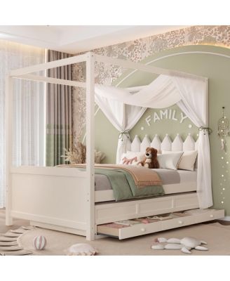  Princess Canopy Bed Frame, Twin Trundle, 3 Drawers