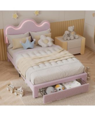 Bed Frame with Adjustable Upholstered Headboard Princess Boucle Bed Frame with LED Light Drawers Strong Wood Slat Support