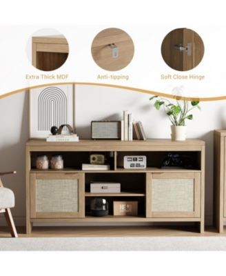 30" Tall Rattan TV Console Cabinet with Storage，Entertainment Center Media Console for 45-65" TV Living Room ，30 in Tall Oak Wood Television