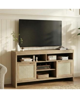 30" Tall Rattan TV Console Cabinet with Storage，Entertainment Center Media Console for 45-65" TV Living Room ，30 in Tall Oak Wood Television
