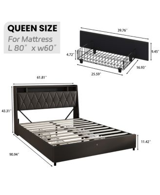  Bed Frame with Ergonomic Headboard, Outlets, LED Light & Shelf
