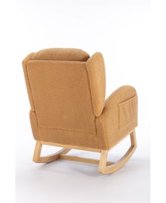 Khaki Teddy Fabric Rocking Chair with Wooden Frame Legs Built in Packet Ergonomic Backrest 300 LBS Capacity for Living Room Bedroom