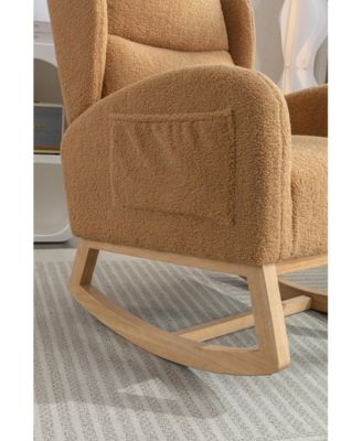 Khaki Teddy Fabric Rocking Chair with Wooden Frame Legs Built in Packet Ergonomic Backrest 300 LBS Capacity for Living Room Bedroom