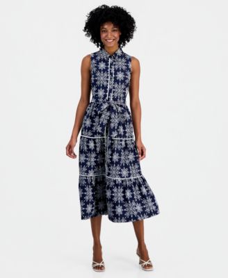 Women's Printed Collared Neck Midi Dress