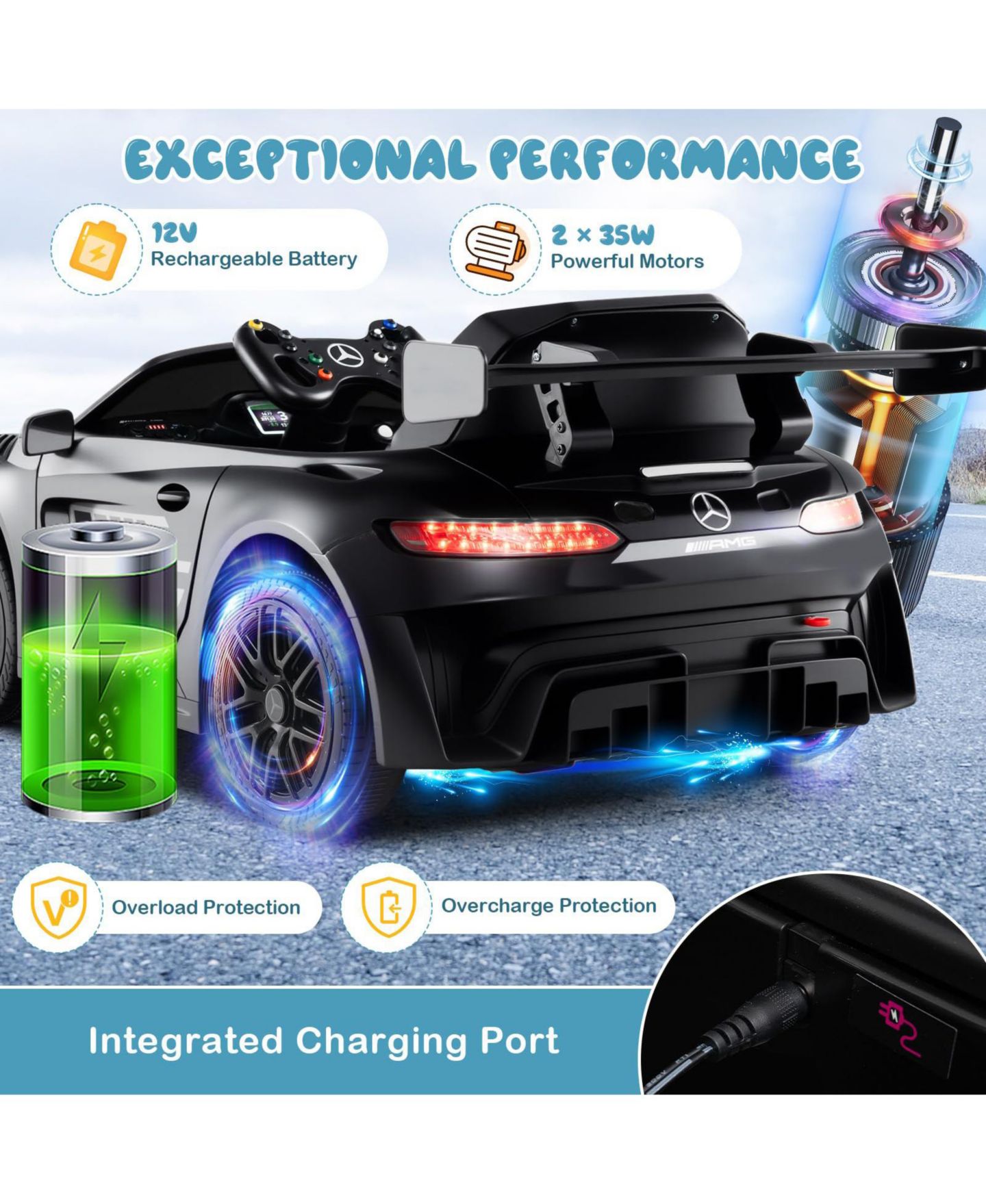 Детская игрушка Mecale Mercedes-AMG GT3 Licensed Remote Control Ride-On Car, 45"L x 26"W x 17"H, Ages 3–6, цвет: Чёрный — фото 8
