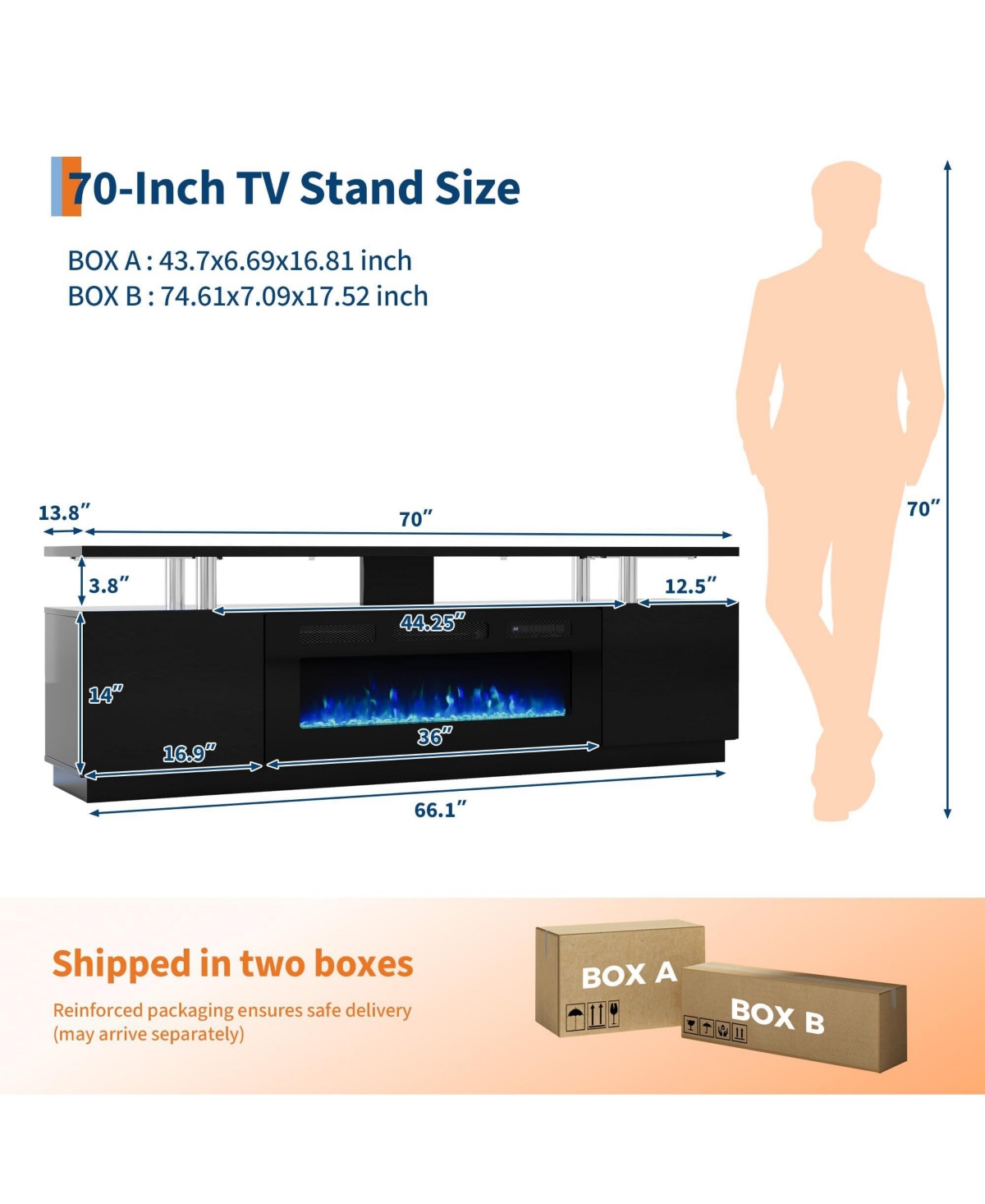 gaomon 70" Fireplace Tv Stand with 36" Electric Fireplace, Entertainment Center with Led Lights & 2 Tier Storage