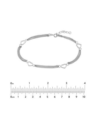 925 Sterling 10 Inch Rhodium Plated Open Love Heart 4 Station 3 Row Anklet Anklet