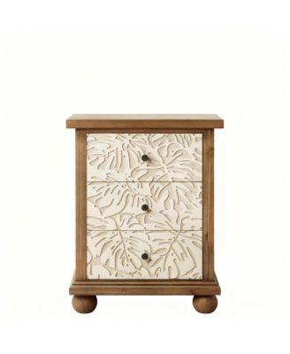Rustic 3-Drawer Nightstand with Leaf Carvings