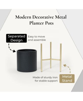 2-Piece Diamond Pattern Round Metal Cachepot Planter Set