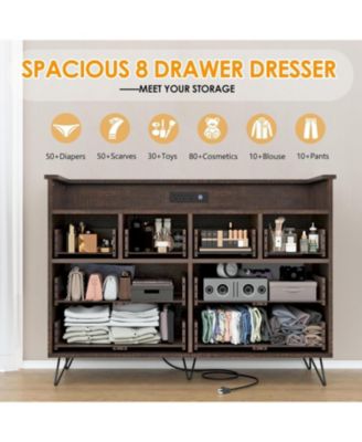 8 Drawer Bedroom Dresser with LED Lights & Charging Station, Vintage Wide Chest