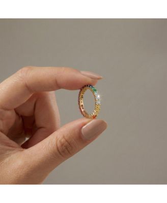 Timeless 14K Gold Plated Rainbow Multi-Color CZ Slim Band Ring