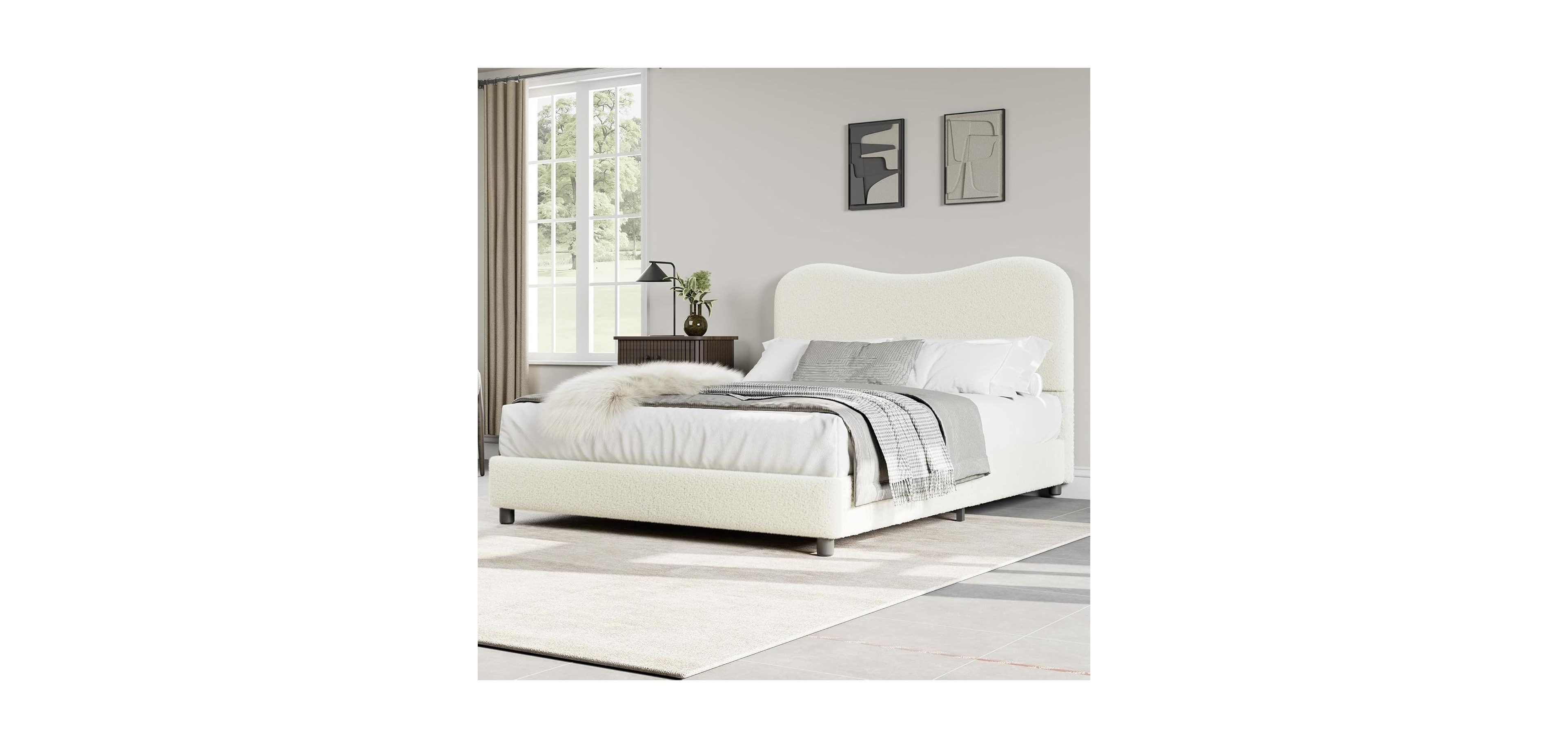 gaomon Bed Frame with Upholstered Headboard, Soft Low Profile Sturdy Platform Rounded Corners Design, Wooden Slats