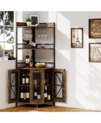  Corner Bar Cabinet with LED Strip 5-Tiers Industrial Bar Cabinet with Power Outlet & Glass Holder Wine Cabinet for Home Bar Display Cabinet