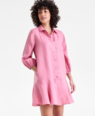 Women's 100% Linen Button-Front 3/4-Sleeve Dress