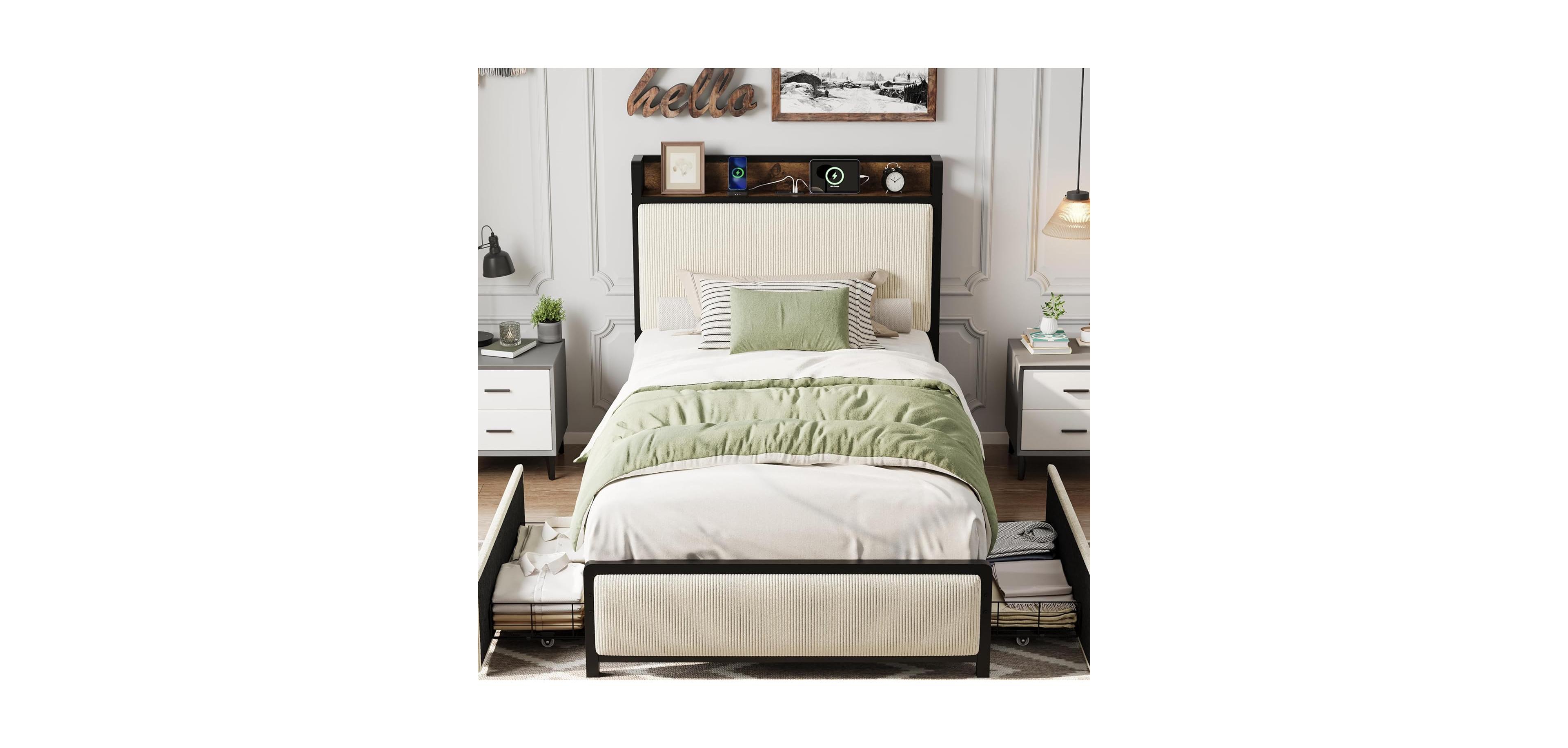 Gaomon Twin Size Bed Frame with 2 storage drawers & charging station, rustic linen upholstered platform bed with storage headboard, noise-free