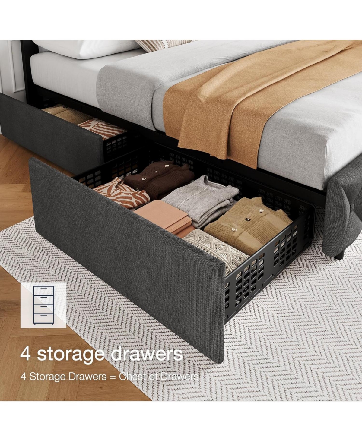 Gaomon Queen Bed Frame with 4 Storage Drawers, Linen Upholstered Platform Adjustable Headboard