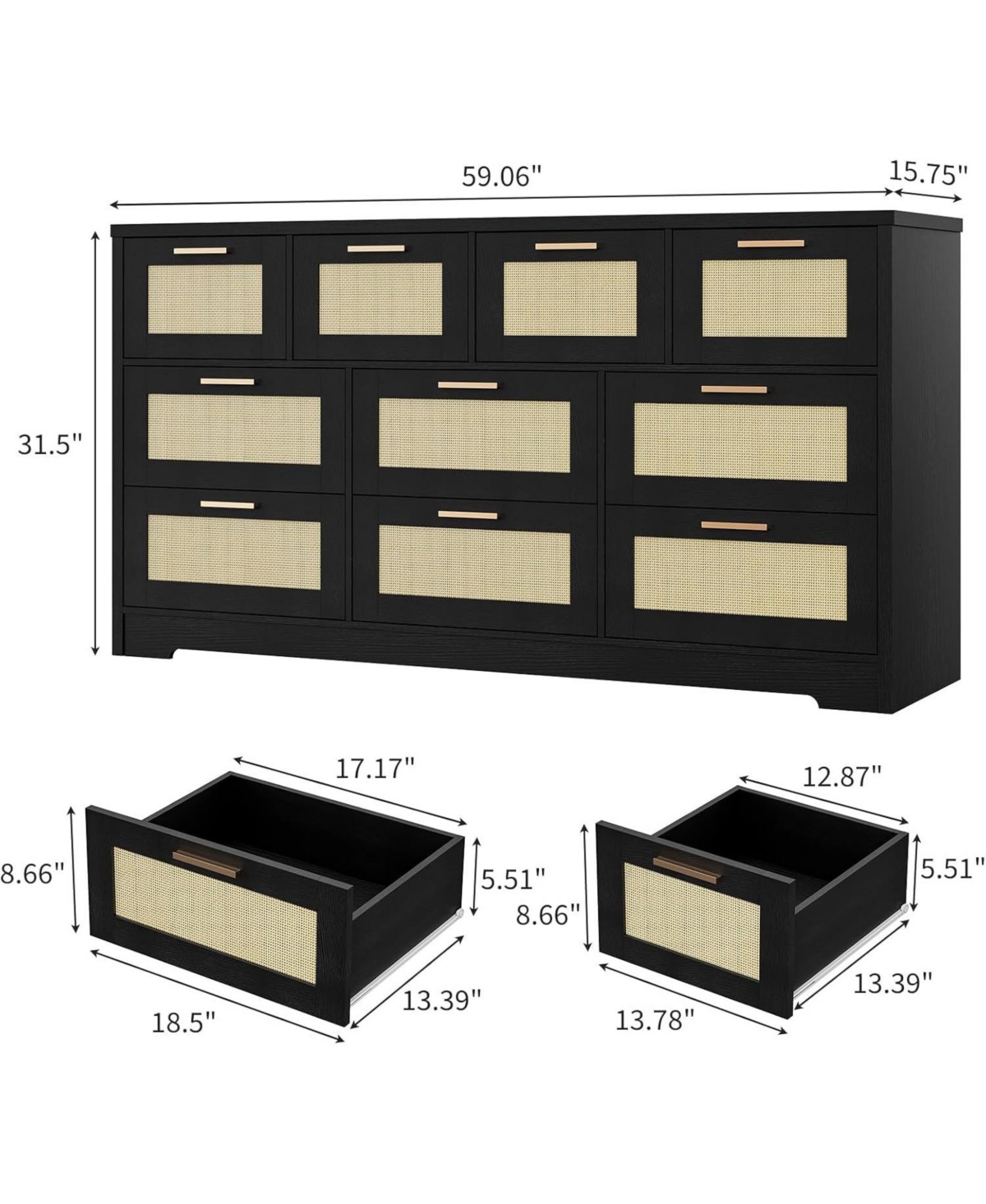 Gaomon Rattan Dresser with 10 Drawers – Bedroom Storage Chest with Tabletop Organizer and Tv Stand for Living Room and Hallway 60x16x32 Inches