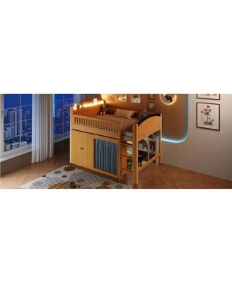 Loft Bed with Storage Cabinet, Wardrobe & LED Wood Espresso