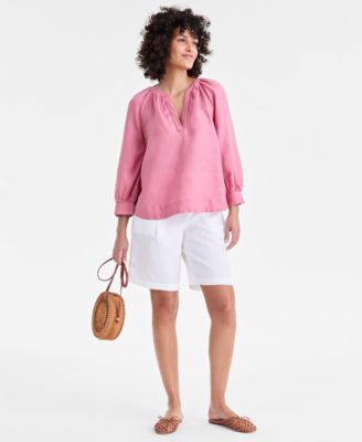 Women's 100% Linen Split-Neck 3/4-Sleeve Blouse