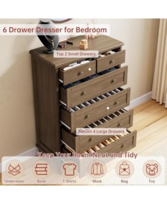 Vintage 6-Drawer Tall Dresser, Wooden Storage Chest with Carved Handles for Bedroom