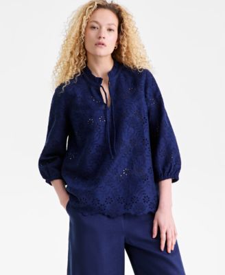 Women's 100% Linen Eyelet-Embroidered Blouson-Sleeve Top