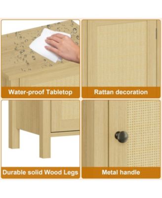 Bamboo Floor Cabinet with Woven Rattan Door, 2-Tier Storage Cabinet for Bedroom, Living Room, Slim Design