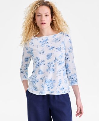 Women's Linen Blend Boat-Neck 3/4-Sleeve Top