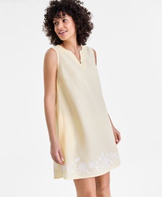 Women's 100% Linen Embroidered-Hem Sleeveless Dress