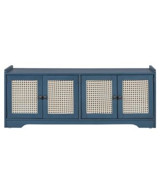 Rustic Storage Bench - Wood Shoe Cabinet Storage Ottoman with Removable Cushion, Woven Rattan Doors, Adjustable Shelves for Hallway