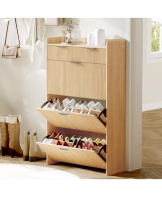 Oak Modern Fluted Entryway Shoe Cabinet - 3 Flip Drawers 2 Small Drawers + Hook Slim Organizer