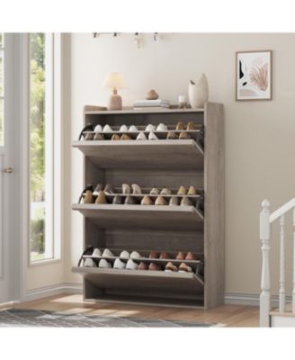 Freestanding Shoe Cabinet - 3 Flip Drawers + Drawer Adjustable Wooden Entryway Organizer