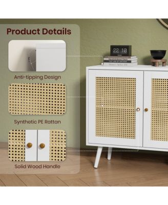 Rattan Storage Cabinet with 3 Doors, Boho Sideboard Buffet Cabinet Wood Farmhouse Credenza Cabinet