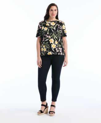 Plus Size Garden Print Button Detail Short-Sleeve Top