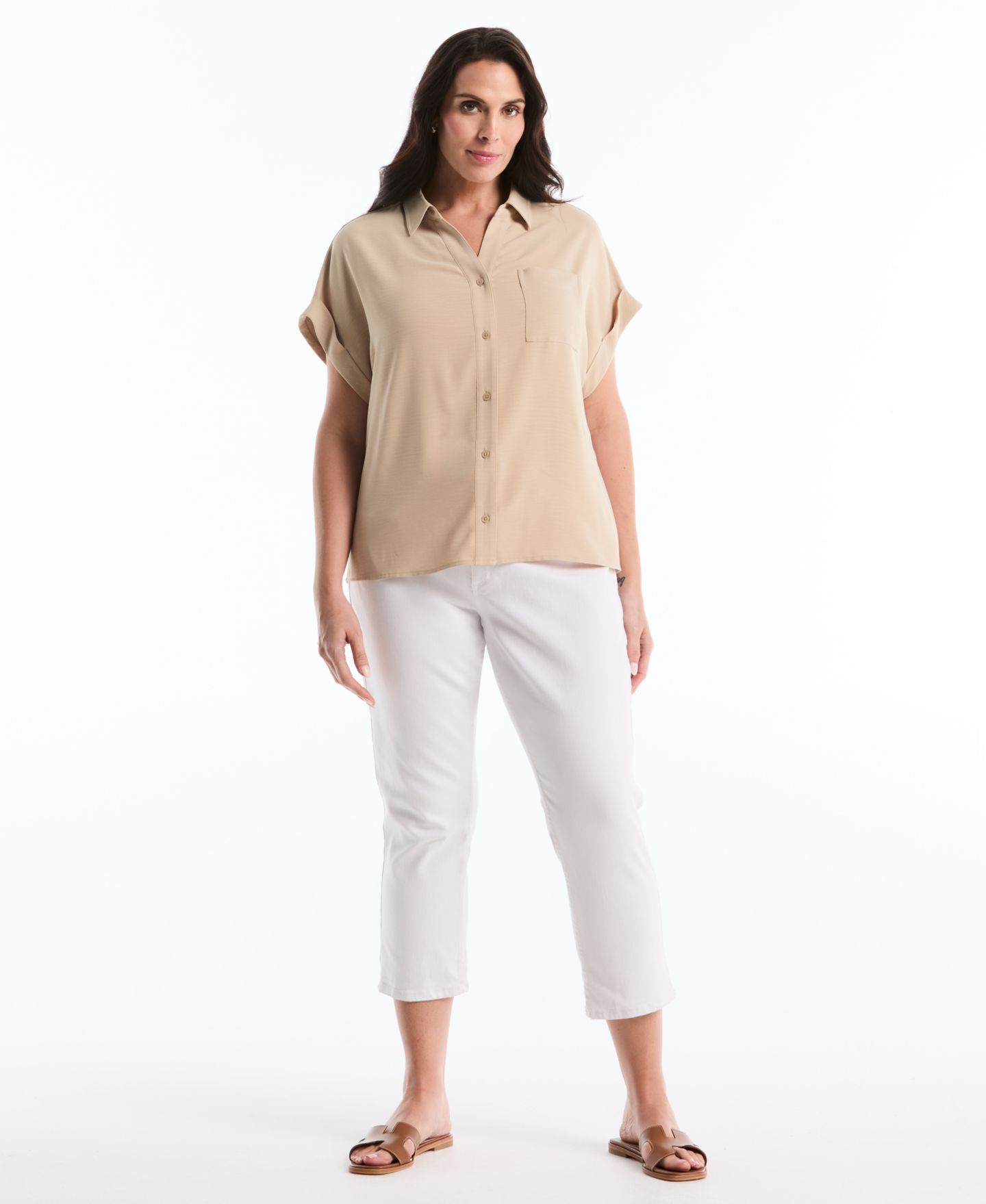 Женская рубашка Rafaella Plus Size Roll Short-Sleeve, цвет: Humus — фото 3
