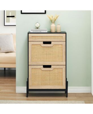 Entryway Freestanding Rattan Shoe Cabinet, 2 Flip Drawers + 1 Drawer Storage