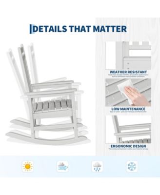 HDPE Rocking Chair Outdoor Set of 2 with Side Table - Poly High Back Porch Rocker Chairs for Adults - All Weather Resistant Furniture.