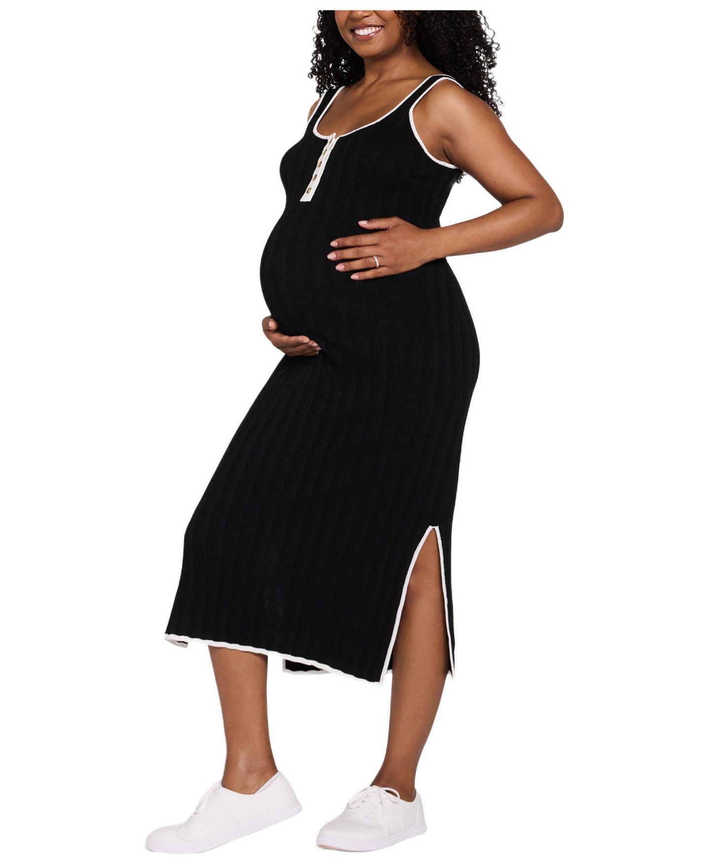 Женское платье Motherhood Maternity Motherhood Sleeveless Nursing Henley Midi, цвет: Чёрный / Белый — фото 3