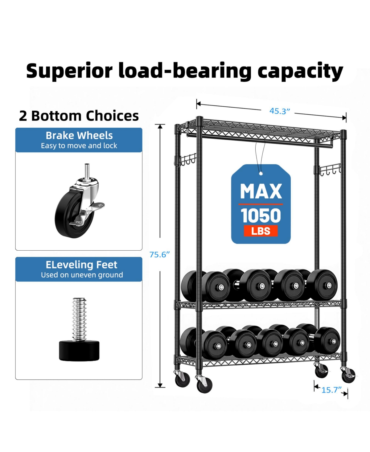 Rainsken Heavy Duty Garment Rack on Wheels, 3 Tiers Adjustable Wire Shelving, Clothes Rack with 1 Rods and Side Hooks for Bedroom and Wardrobe