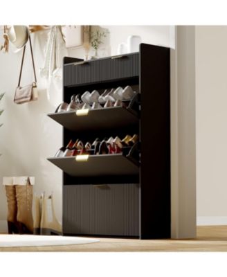 Modern Fluted Entryway Shoe Cabinet - 3 Flip Drawers 2 Small Drawers + Hook Slim Organizer