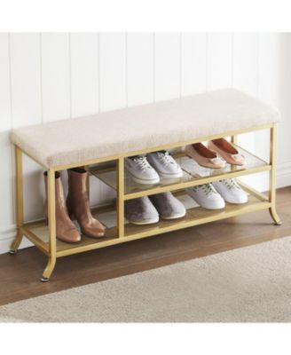 2-Tier Metal Mesh Shoe Rack Bench - Padded Seat Modern Entryway/Bedroom Organizer Easy Assembly