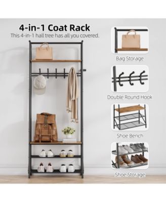 60cm Entryway Hall Tree - 5 Hooks 4-Tier Shelf Metal & MDF Storage Rack