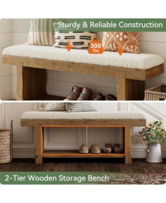 47.2" Solid Wood Bench, 2-Tier Farmhouse Upholstered Entryway Bench with Storage Shelf, Narrow Rustic Bench for Bedroom, Entryway